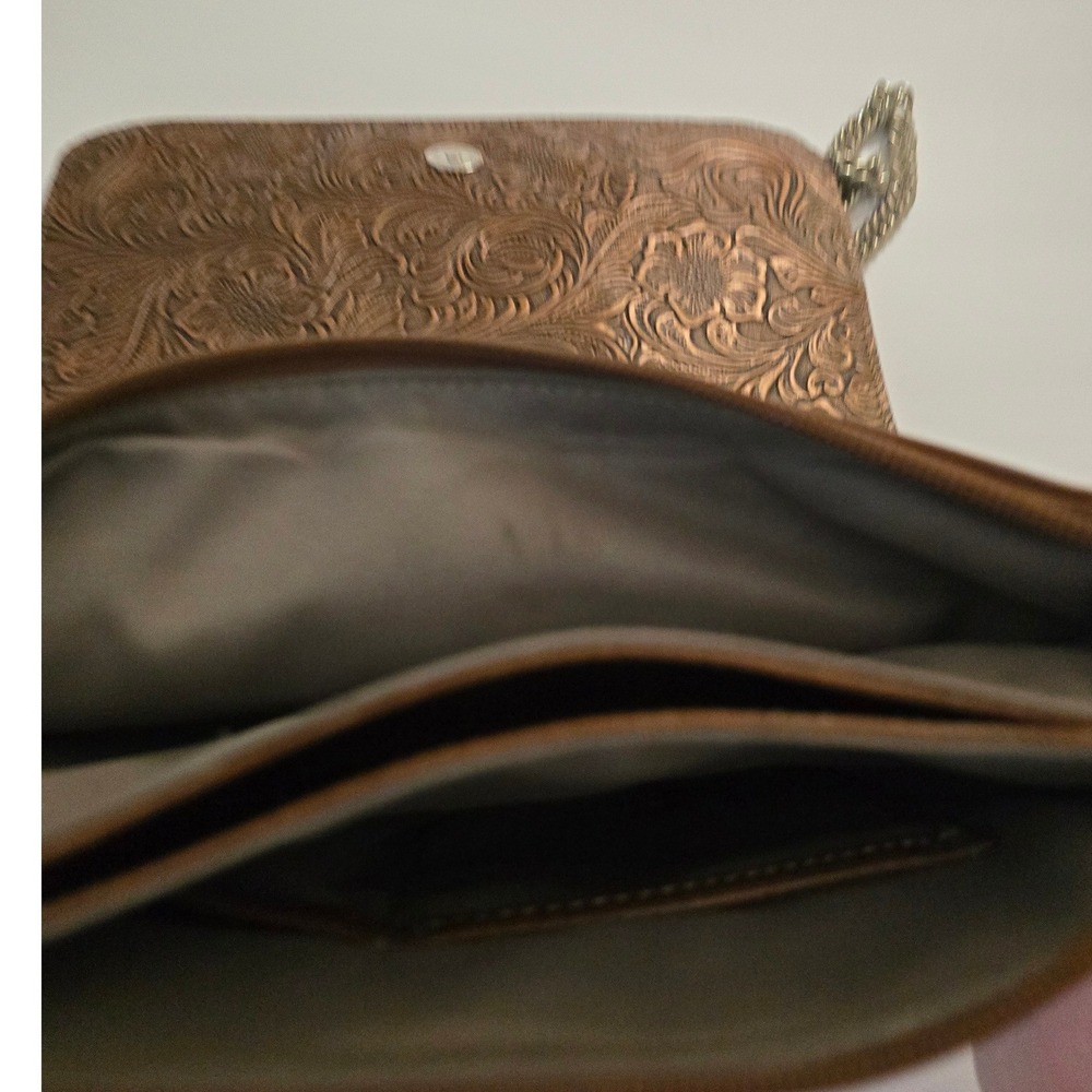 Western Embossed Buckle Crossbody Bag Bronze Brown Chain Strap w/ rhinestones - Picture 9 of 14
